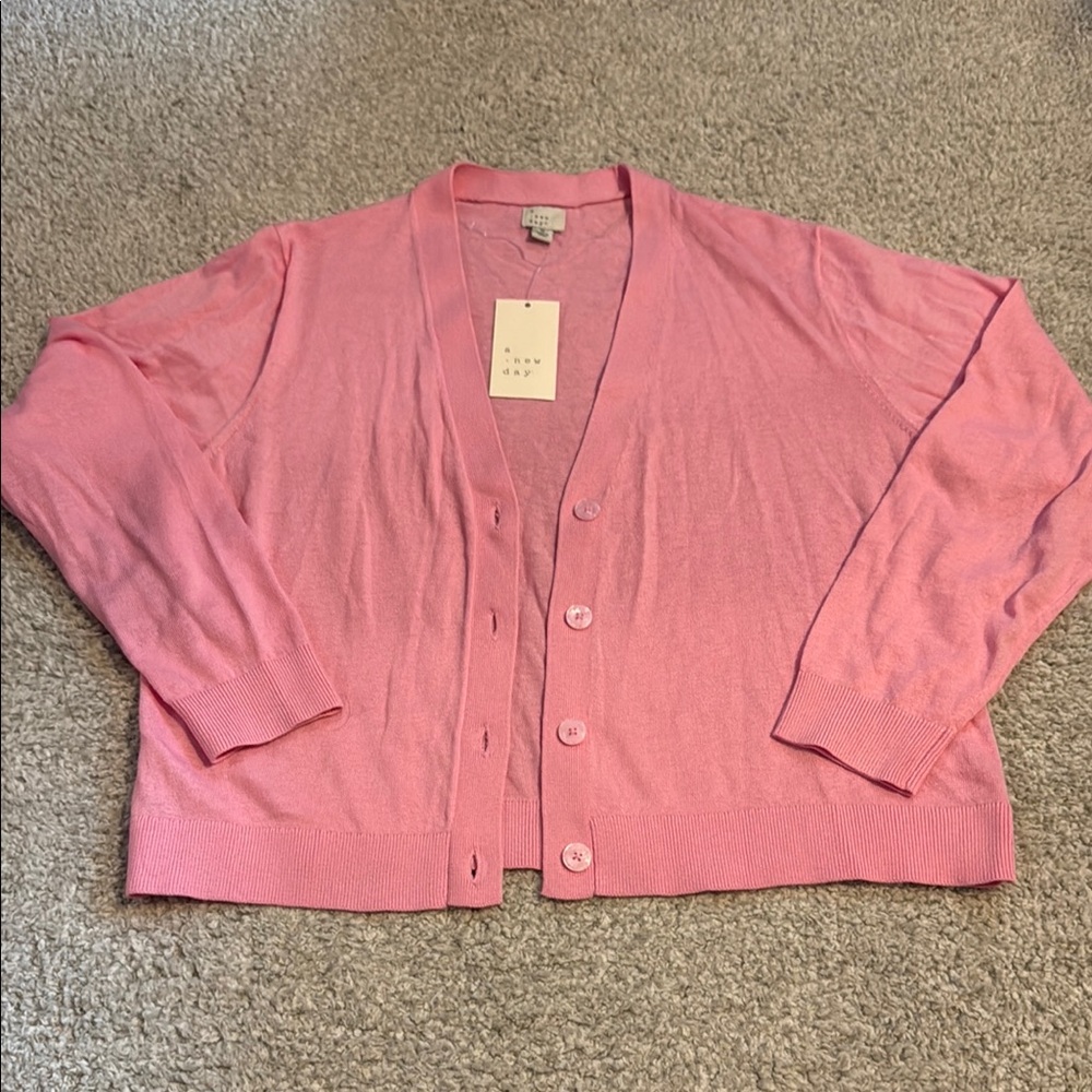 A New Day Pink Cardigan Sweater V-Neck Open Front